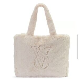 Victorias Secret Faux Fur Tote Bag Cream Ivory VS Monogram Plush Fuzzy Handbag